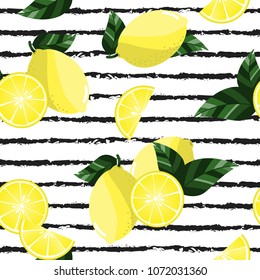 Seamless pattern with sliced lemons and leaves. Vector illustration.