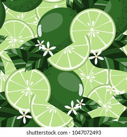Seamless pattern with sliced limes, flower and leaves. Vector illustration.