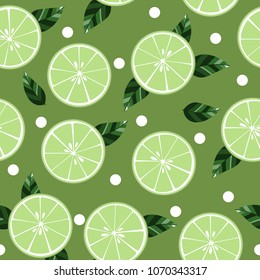 Seamless pattern with sliced limes and leaves on green background. Vector illustration.