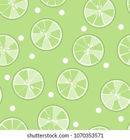 Seamless pattern with sliced limes on green background. Vector illustration.