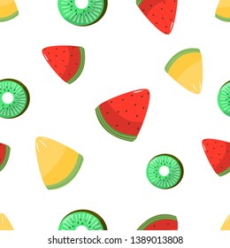 Seamless pattern of sliced melon kiwi and watermelon on white background cartoon style vector illustration