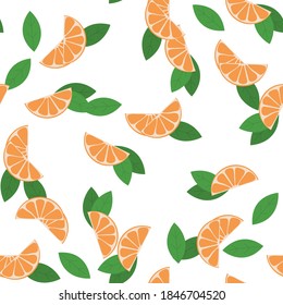 Seamless pattern. Sliced oranges with leaves