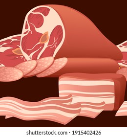 Seamless pattern of sliced piece of ham bacon and sausage vector illustration on brown background