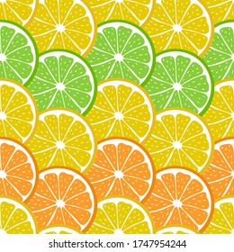 Seamless pattern with sliced pieces of citrus fruit. The colored backdrop of tropical fruits. Stock vector illustration. Ideas for creative designs of backgrounds, cards, print, packaging, textile.
