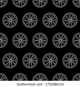 Seamless pattern with sliced pieces of citrus fruit. Black and white stylish simple backdrop. Vector illustration. Ideas for modern creative designs of backgrounds, print, packing, textile, menus.