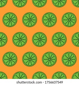 Seamless pattern. Sliced pieces of citrus fruit. The colorful backdrop of tropical fruit. Vector illustration. Great for modern creative designs of backgrounds, cards, print, packing, textile, wrap.