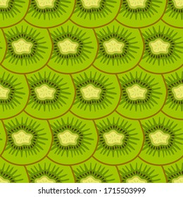 Patrón sin inconvenientes con trozos de kiwi rebanados. Frutas tropicales de fondo colorido. Ilustración vectorial plana. Ideas para diseños modernos de fondos, tarjetas de felicitación, impresión, embalaje, textil, etc.
