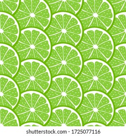 Seamless pattern with sliced pieces of lime. Bright background citrus tropical fruits. Stock vector illustration. Ideas for modern designs of backgrounds, greeting cards, print, packaging, textile.