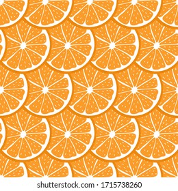 Seamless pattern with sliced pieces of orange. Colorful background tropical fruits. Flat vector illustration. Ideas for modern designs of backgrounds, greeting cards, print, packaging, textile, etc.