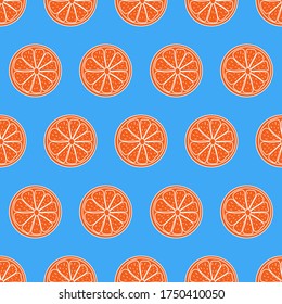 Seamless pattern. Sliced pieces of tropical fruit. The bright backdrop of citrus. Stock vector illustration. Ideas for modern creative designs of backgrounds, cards, print, packing, textile, package.