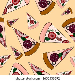 Seamless pattern of sliced pizza on a beautiful background. Vector hand-drawn illustration. Pizza label for menu or packaging.