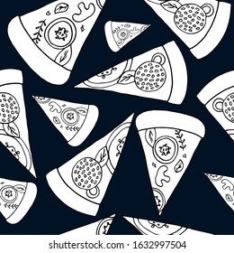 Seamless pattern of sliced pizza on a beautiful background. Vector hand-drawn illustration. Pizza label for menu or packaging.