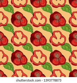 Seamless pattern with sliced red bell peppers. Colorful endless texture with fresh vegetables for your design