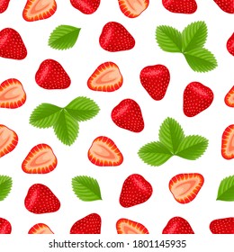 Seamless pattern with sliced ripe fresh strawberries and leaves. Organic natural healthy background, healthy food, dieting concept