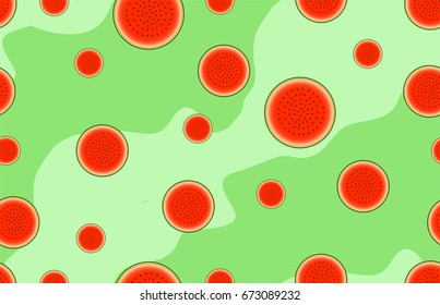 A seamless pattern with sliced round parts of ripe watermelon on green background with light green stripes