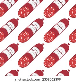 Seamless pattern with sliced salami sausage on white background. Vector flat illustration