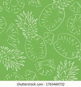 Seamless pattern of sliced slices and whole pineapples. Vector line illustration in the style of hand drawing and sketch. Use for restaurant, menu, smoothie bowl, market, store, decor, meal. Fruit.