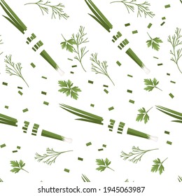 Verduras en lona sin foco con cebolla verde y hierbas coloreadas íconos alimentarios para la cocina ilustraciones vectoriales sobre fondo blanco