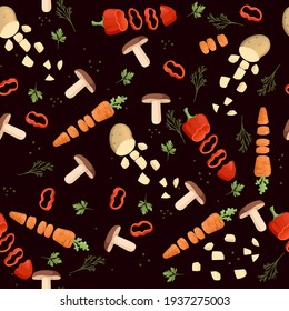 Seamless pattern sliced vegetables with mushroom potato and carrot colored food icons for cooking vector illustration on dark background
