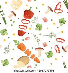 Seamless pattern sliced vegetables with pepper potato and carrot colored food icons for cooking vector illustration