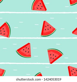 Seamless pattern of sliced watermelon on blue background vector illustration.