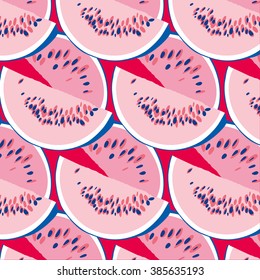 Seamless pattern with sliced water-melon on the red background. 