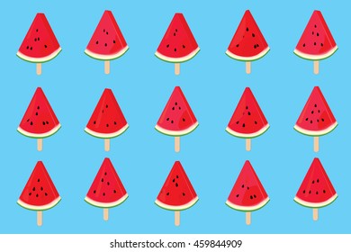 Seamless pattern of sliced watermelon on blue background. Vector illustration