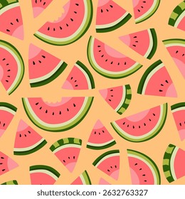 Padrão sem costura com pedaços de melancia fatiados no fundo laranja.
