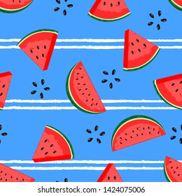 Seamless pattern of sliced watermelon and seeds on blue background vector illustration.