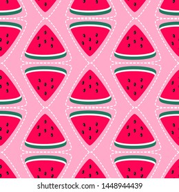 Seamless pattern of sliced watermelon and seeds on pink background vector illustration.