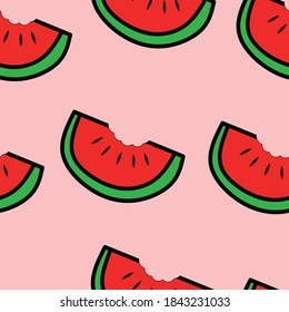 Seamless pattern of sliced watermelon and seeds on pink background vector illustration.