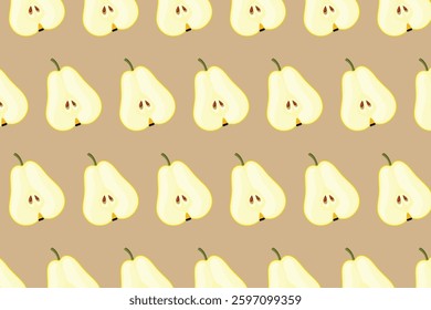 Seamless pattern of sliced yellow pears with seeds on a light brown beige background. Great for fabric prints, wallpapers, packaging, and kitchen-themed designs.