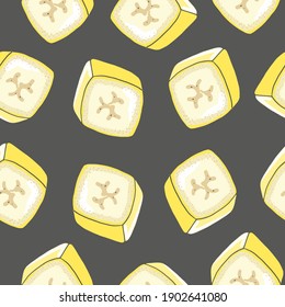 Seamless pattern of slices of banana in a peel,  arranged in a chaotic manner on a grey background. Endless background vector illustration. 