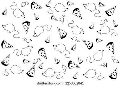 Seamless pattern with slices of cheese and mouse on white background. Endless backdrop with outline cheese and rodent with editable stroke. Wallpaper and bed linen print. Marketing material.
