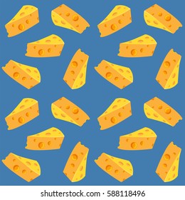 Seamless pattern with a slices of cheese on a blue background.