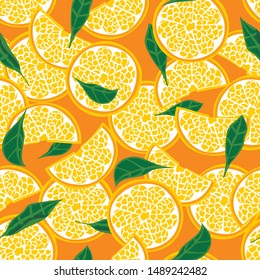 seamless pattern of slices and circles of orange with leaves