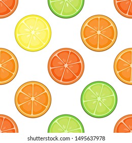 Seamless pattern with slices of citrus fruits for fabric, wallpaper, tableclothes, web design. Isolated on white.