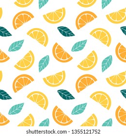 Seamless pattern with slices of citrus  Graphic drawing of orange, lemon and leaves. Tropical background. 