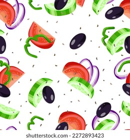 Seamless pattern of slices of fresh vegetables: tomatoes, olives, onions, green peppers, cucumbers on white background. Food vector illustration.