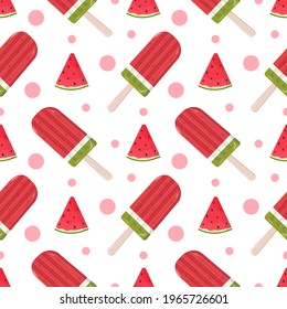 Seamless pattern of slices of fresh watermelon and ice cream on a white background. Organic fruits. Cartoon style. Vector illustration for design, paper, packaging, wallpaper.