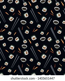 Seamless pattern with slices of gimbap in chop sticks with soy sauce on black background. Korean traditional dish. Korean sushi. Vector hand drawn pattern for your cafe.