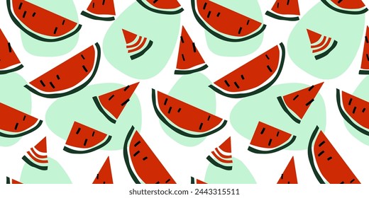 Seamless pattern with slices of juicy red watermelon with black seeds. Summer abstract print. Vector graphics.