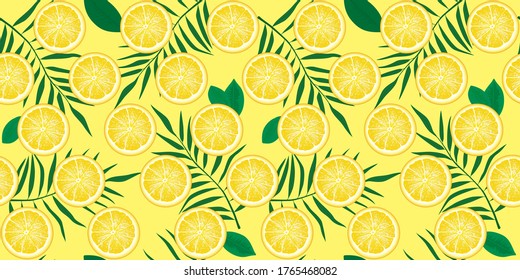 Seamless pattern with slices of lemon and leaves of tropical plants. Background for the design of wallpaper, fabric and other. Vector illustration ready for print.