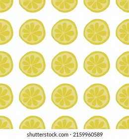 Seamless pattern with slices of lemon on white background.  Vector design for fabric, textile, packaging, website. Flat style vector illustration.