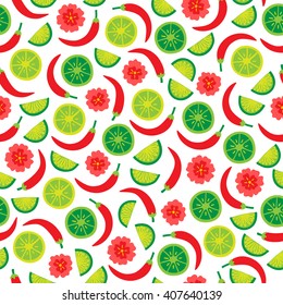 Seamless pattern with slices of lime, chili pepper and tropical flowers. Perfect for wallpaper, gift paper, pattern fills, Cinco de Mayo (Fifth of May) greeting cards. 