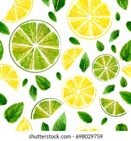 Seamless pattern with slices of lime, lemon and mint leaves on white background. Watercolor collection. Vector