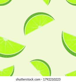 Seamless pattern of slices of lime on a light green background. For printing on fabrics, packaging, napkins, various backgrounds.