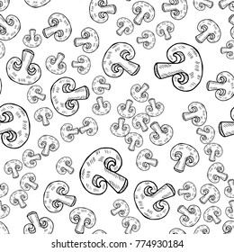 Seamless pattern of slices of mushrooms. Ingredient for pizza. Marinated champignons. For print, wrapping or wallpaper. Ink hand drawn illustration. Sketch, doodle style.