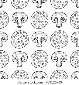 Seamless pattern of slices of mushrooms and sausage. Ingredients for pizza. Marinated champignons. For print, wrapping or wallpaper. Ink hand drawn illustration. Sketch, doodle style.