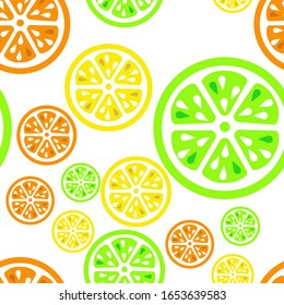 Seamless pattern with slices of orange, lime and lemon on a white background. Vector. Suitable for fabric, wrapping paper, menus, dishes, napkins, cases for smartphones.